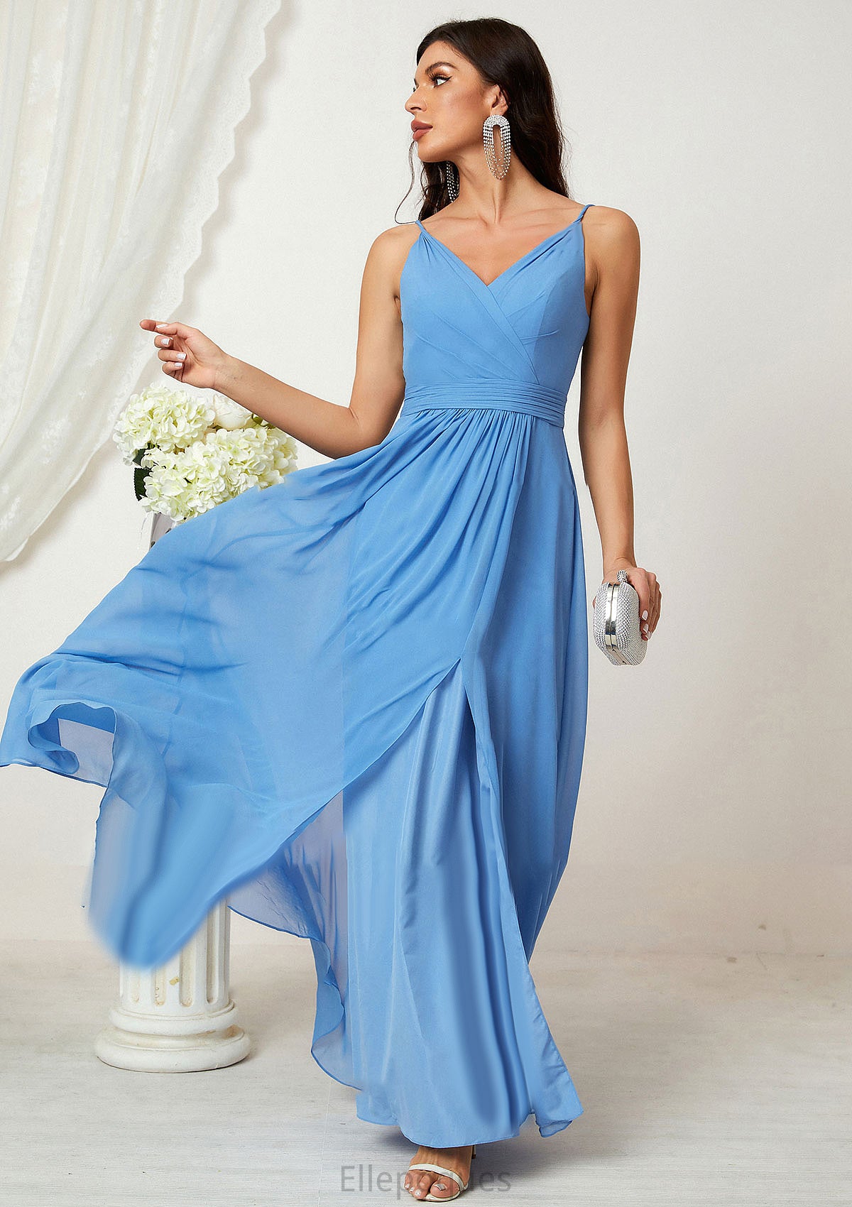 A-line V Neck Sleeveless Chiffon Long/Floor-Length Bridesmaid Dresses With Split Pleated Cristina HOP0025362