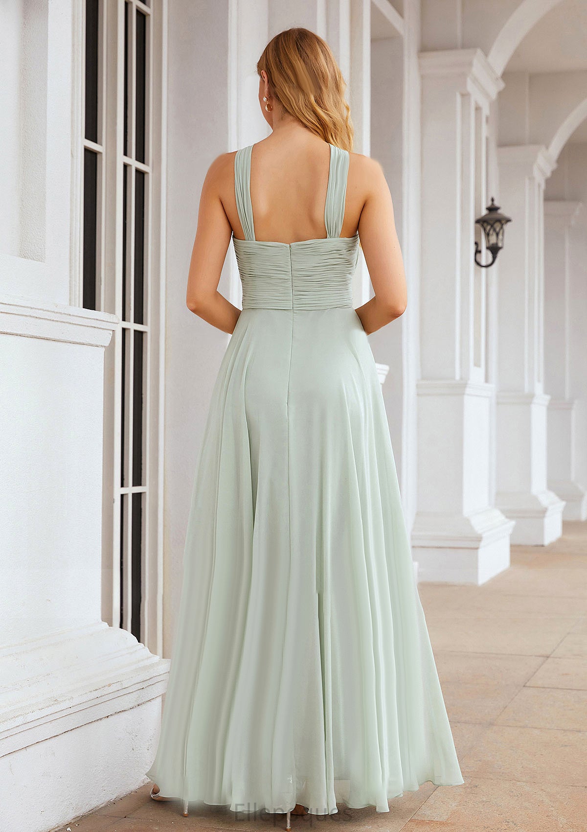 A-line Scalloped Neck Sleeveless Long/Floor-Length Chiffon Bridesmaid Dresses With Pleated Urania HOP0025366