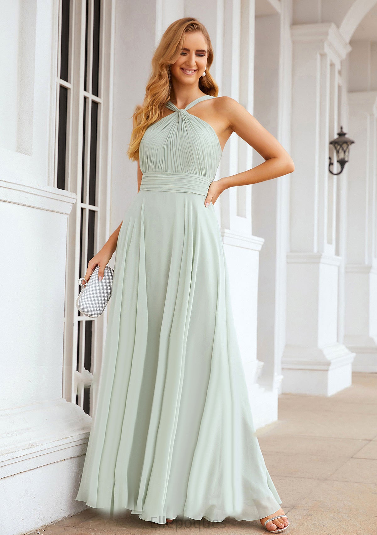 A-line Scalloped Neck Sleeveless Long/Floor-Length Chiffon Bridesmaid Dresses With Pleated Urania HOP0025366