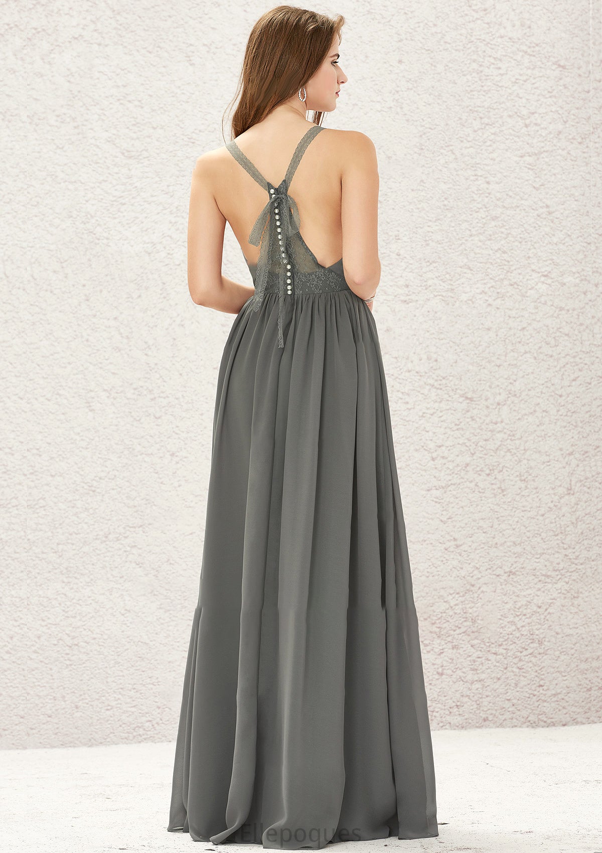 A-line V Neck Sleeveless Chiffon Long/Floor-Length Bridesmaid Dresses With Pleated Lace Zoey HOP0025367