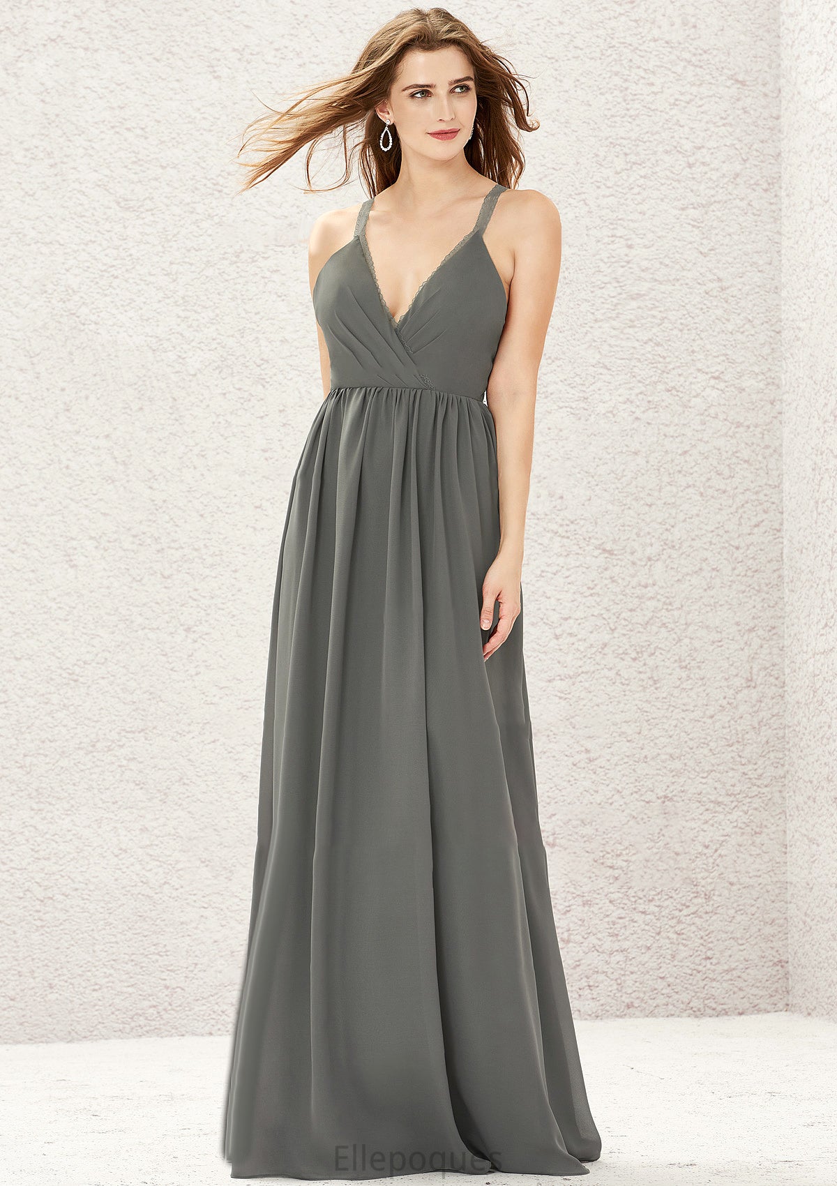 A-line V Neck Sleeveless Chiffon Long/Floor-Length Bridesmaid Dresses With Pleated Lace Zoey HOP0025367