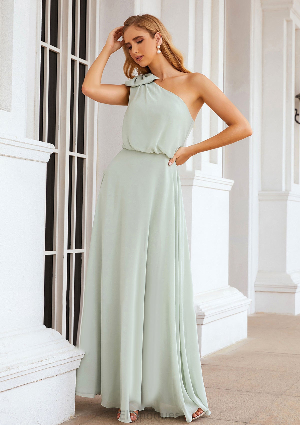 A-line One-Shoulder Sleeveless Long/Floor-Length Chiffon Bridesmaid Dresses With Shoulder Flower Tanya HOP0025369