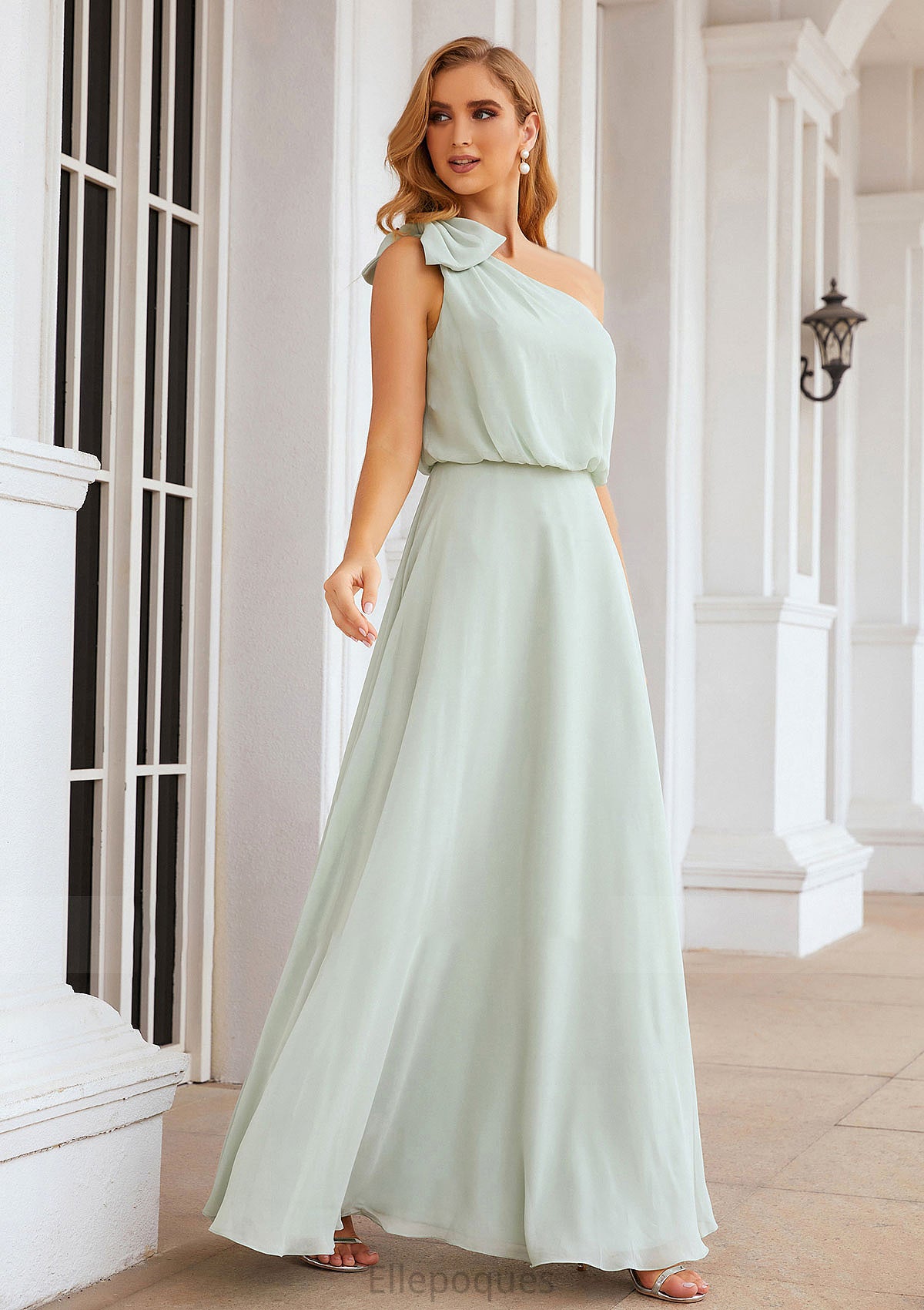 A-line One-Shoulder Sleeveless Long/Floor-Length Chiffon Bridesmaid Dresses With Shoulder Flower Tanya HOP0025369