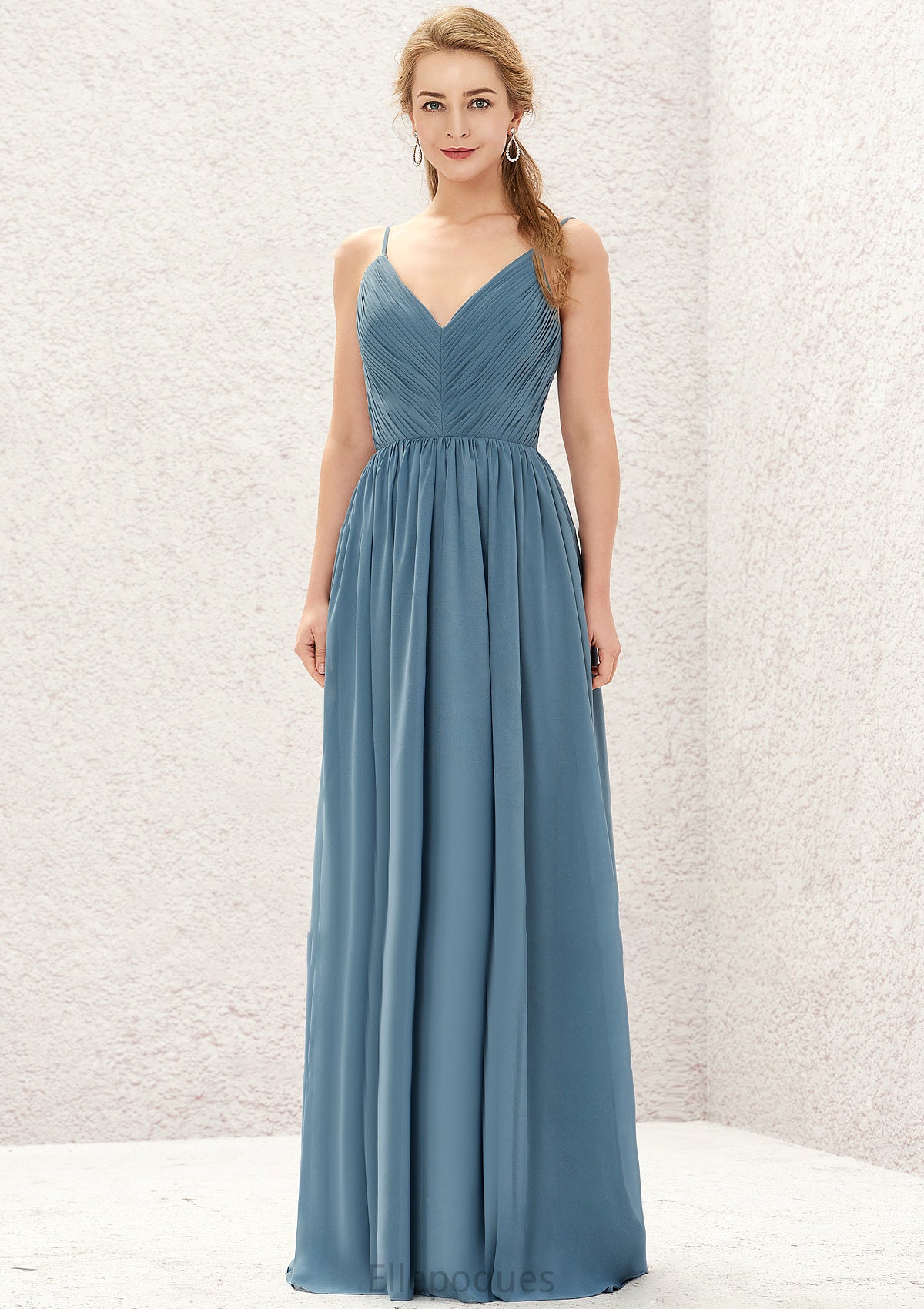 A-line V Neck Sleeveless Chiffon Long/Floor-Length Bridesmaid Dresses With Pleated Stephanie HOP0025370