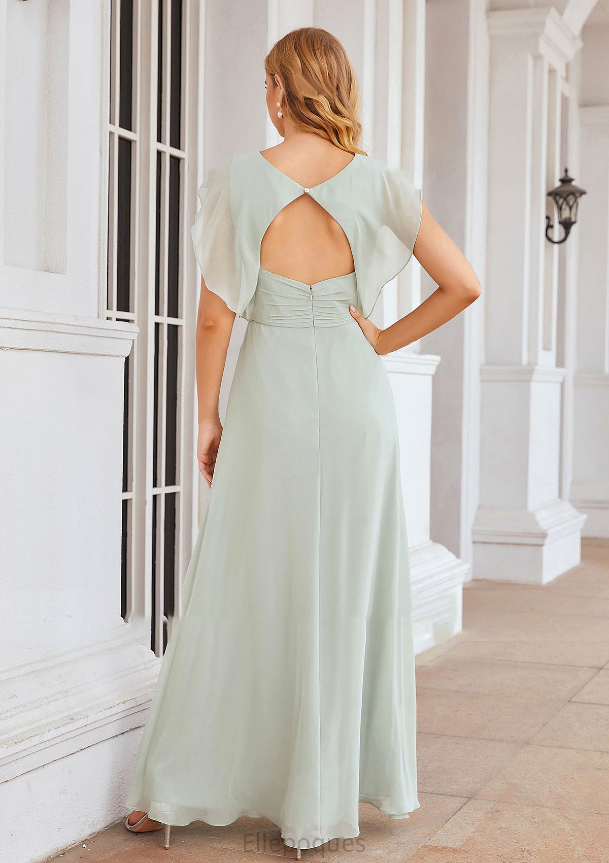 A-line V Neck Sleeveless Long/Floor-Length Chiffon Bridesmaid Dresses With Pleated Split Nydia HOP0025372