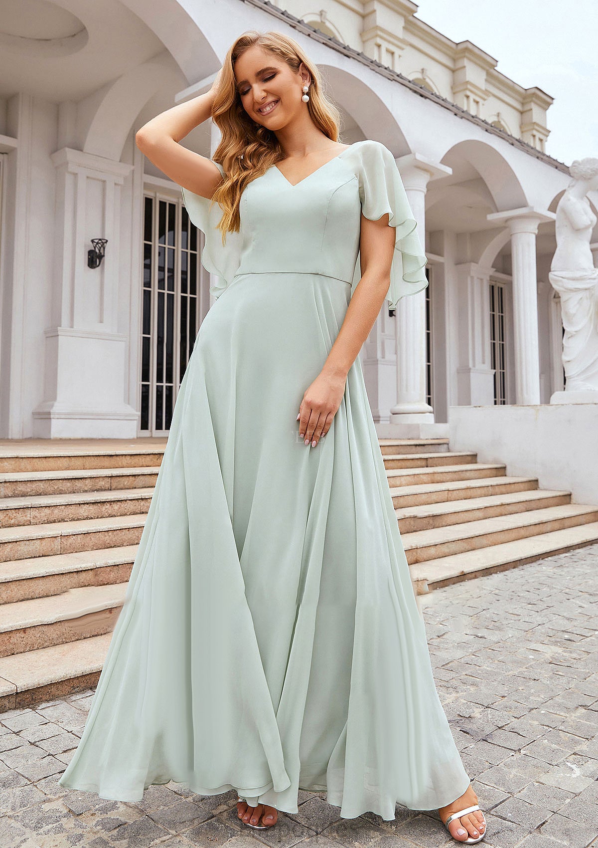 A-line V Neck Short Sleeve Long/Floor-Length Chiffon Bridesmaid Dresses Lailah HOP0025376