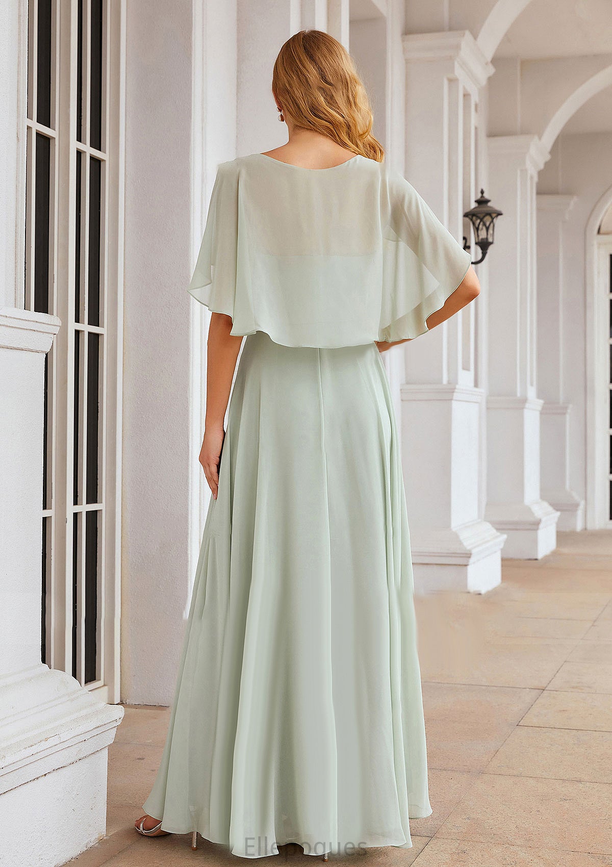 A-line V Neck Short Sleeve Long/Floor-Length Chiffon Bridesmaid Dresses Lailah HOP0025376