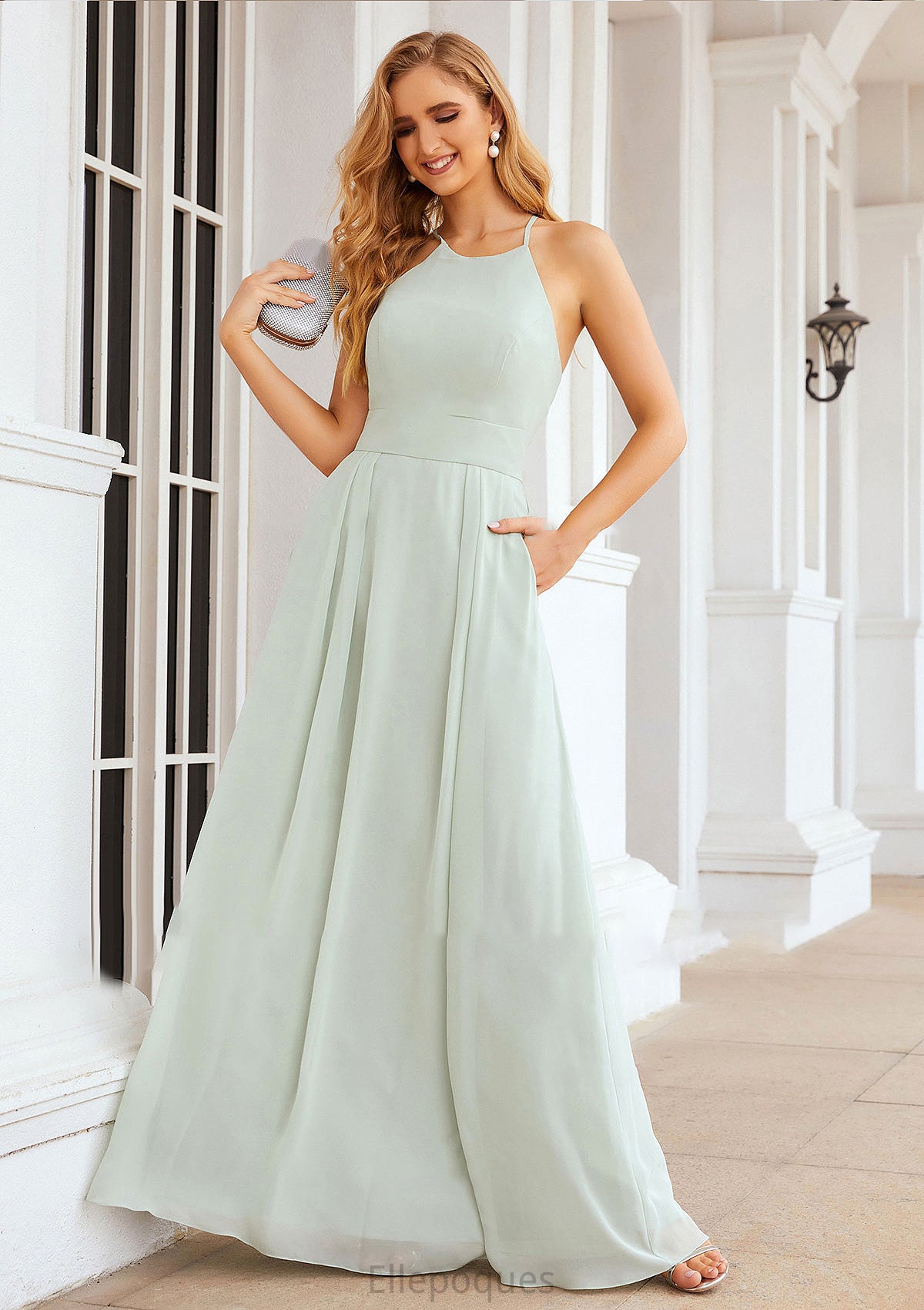A-line Scoop Neck Sleeveless Long/Floor-Length Chiffon Bridesmaid Dresses With Pleated Pockets Carley HOP0025378