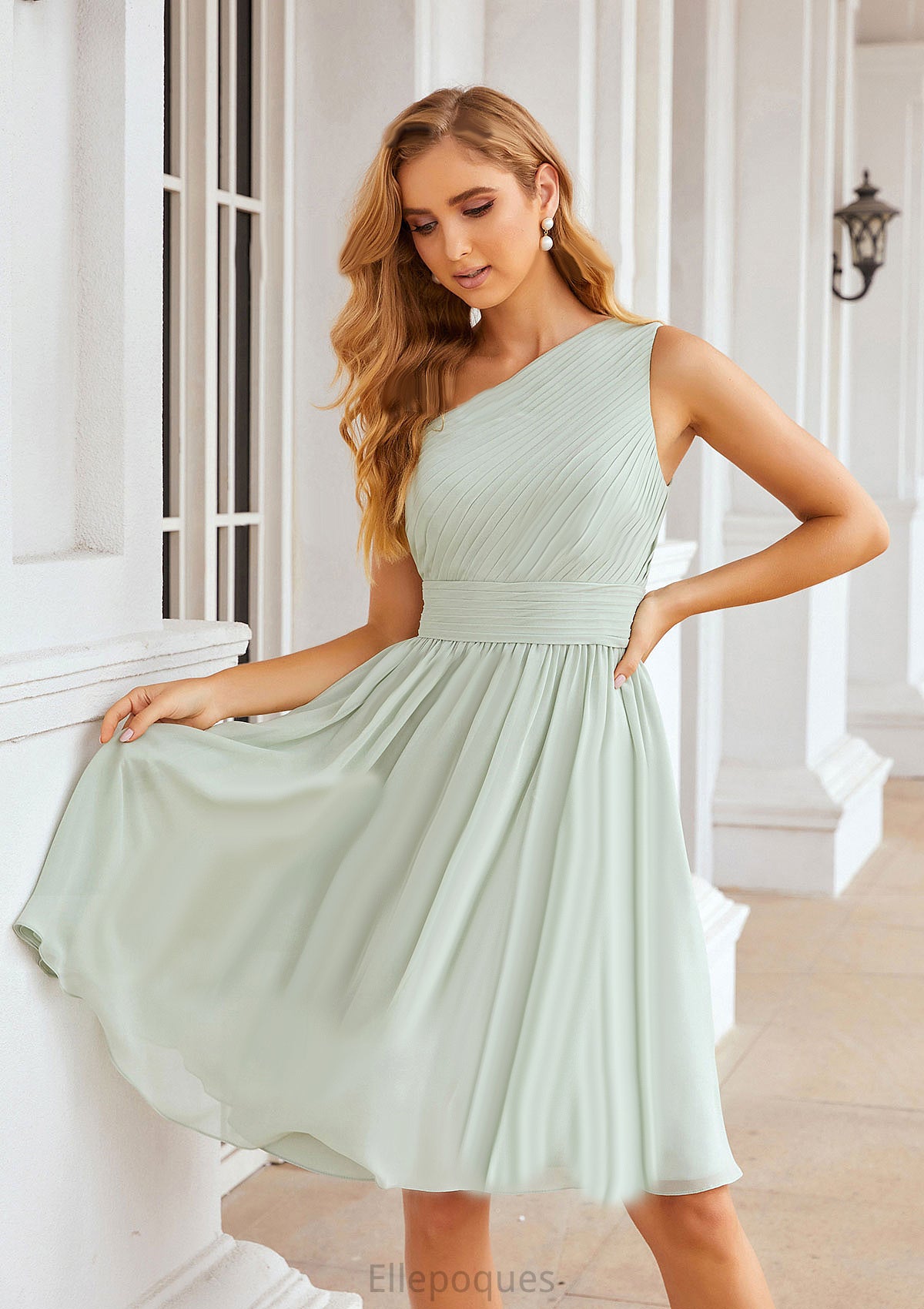 A-line One-Shoulder Sleeveless Chiffon Knee-Length Bridesmaid Dresses With Pleated Genesis HOP0025379