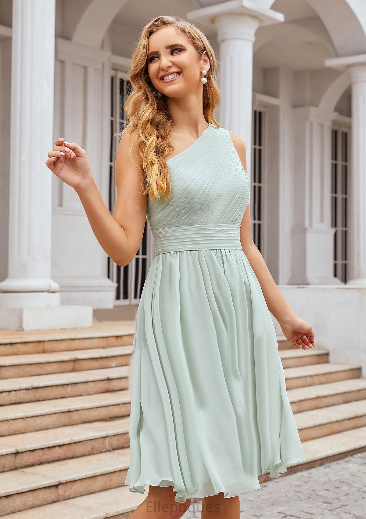 A-line One-Shoulder Sleeveless Chiffon Knee-Length Bridesmaid Dresses With Pleated Genesis HOP0025379