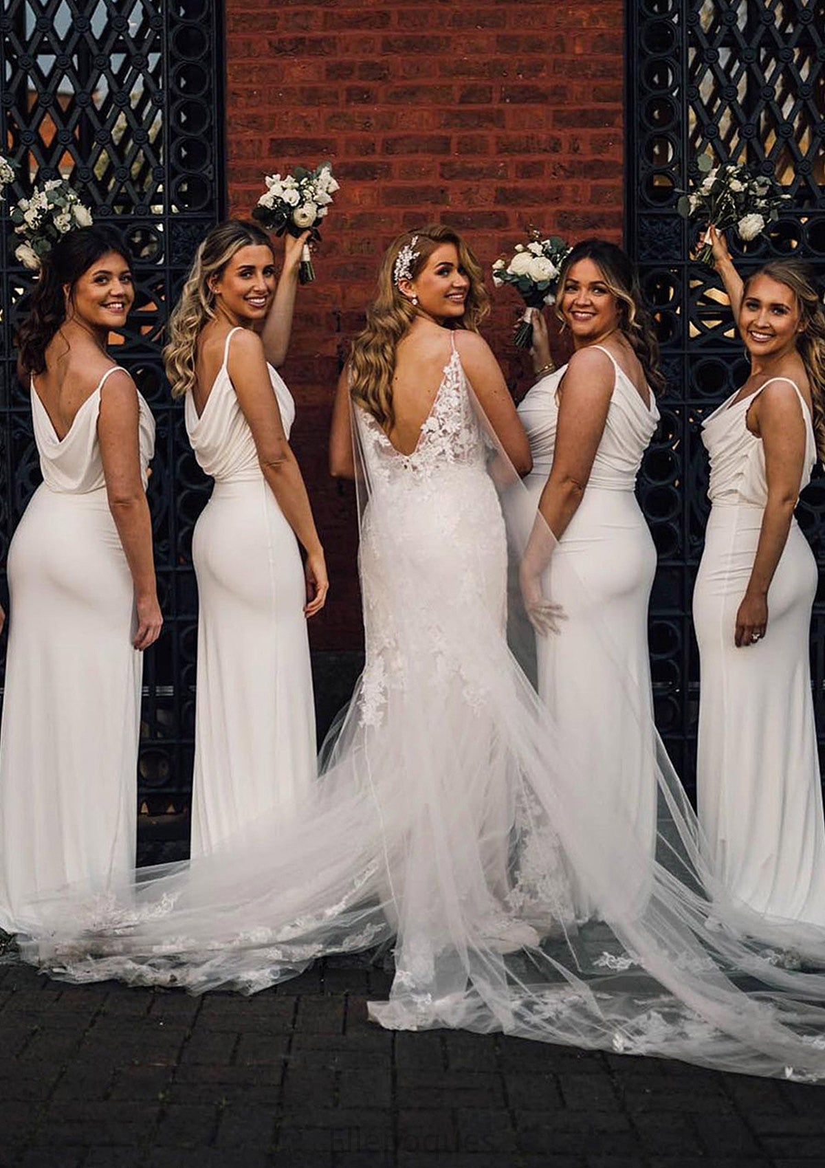 Sheath/Column Cowl Neck Spaghetti Straps Long/Floor-Length Jersey Bridesmaid Dresses With Pleated Evie HOP0025380