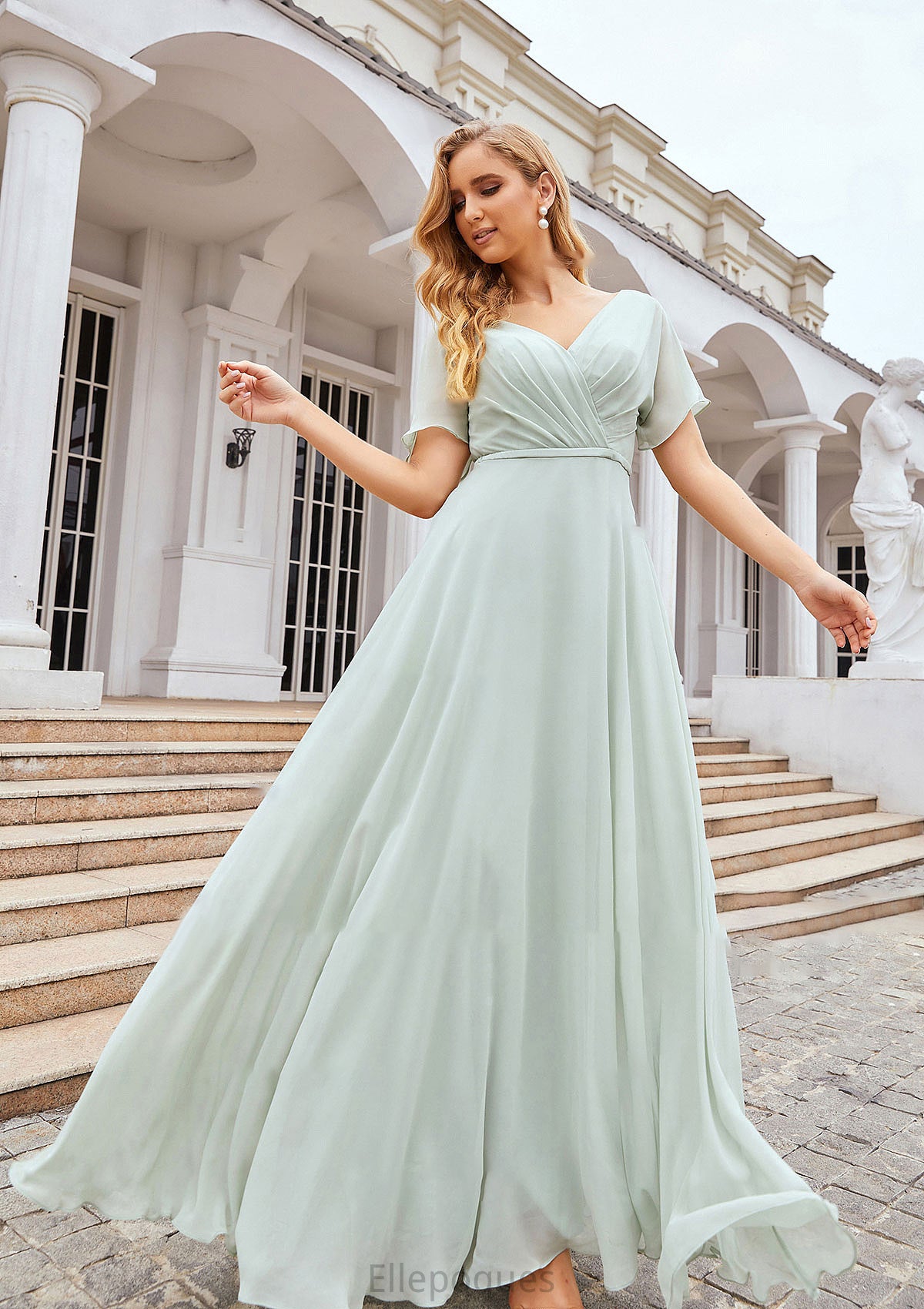A-line V Neck Short Sleeve Chiffon Long/Floor-Length Bridesmaid Dresses With Pleated Waistband Mckinley HOP0025381