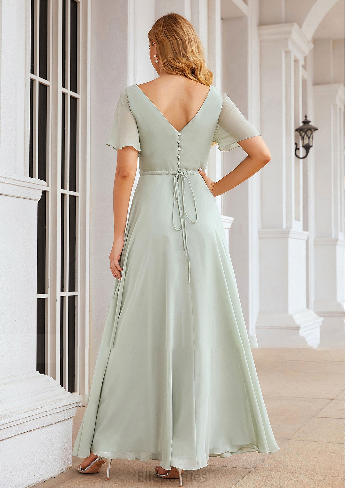 A-line V Neck Short Sleeve Chiffon Long/Floor-Length Bridesmaid Dresses With Pleated Waistband Mckinley HOP0025381