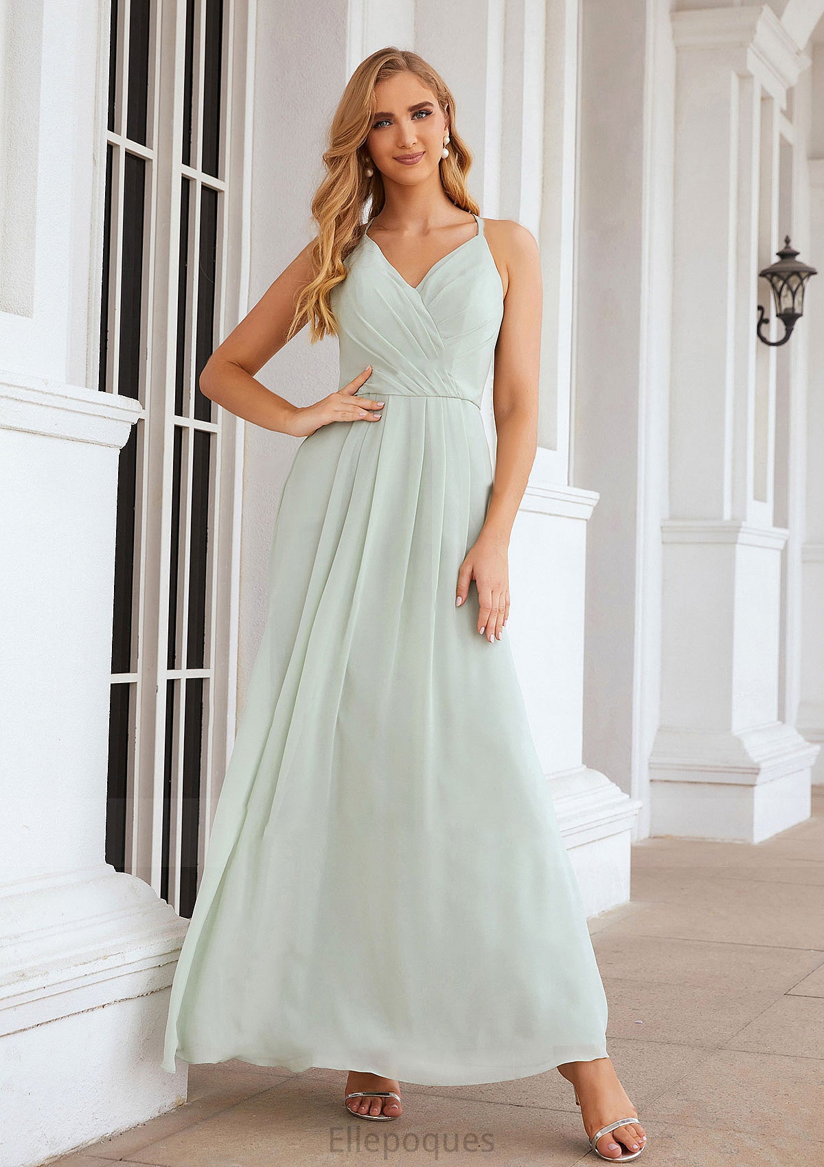 A-line V Neck Sleeveless Chiffon Long/Floor-Length Bridesmaid Dresses With Pleated Katrina HOP0025385