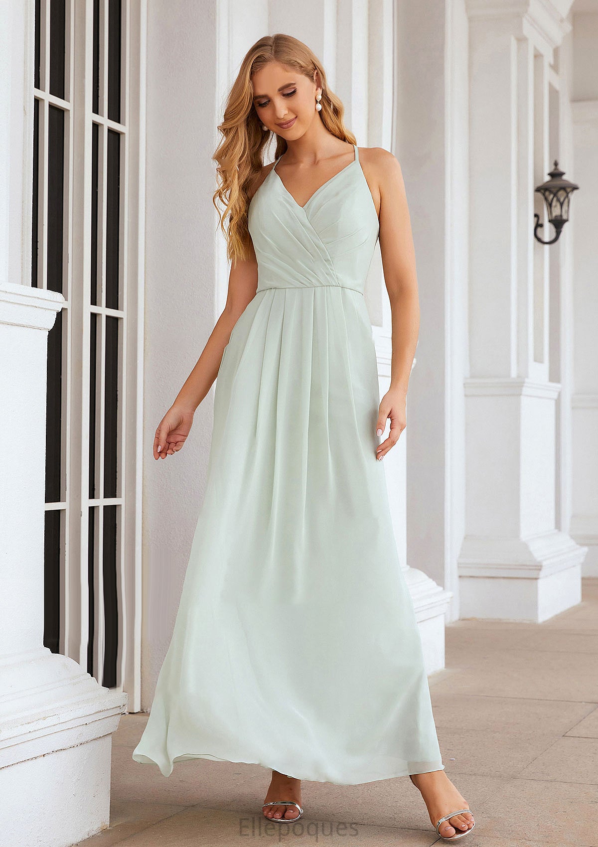 A-line V Neck Sleeveless Chiffon Long/Floor-Length Bridesmaid Dresses With Pleated Katrina HOP0025385