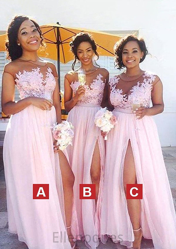 A-line Illusion Neck Sleeveless Long/Floor-Length Chiffon Bridesmaid Dresses With Split Appliqued Lace Janice HOP0025386
