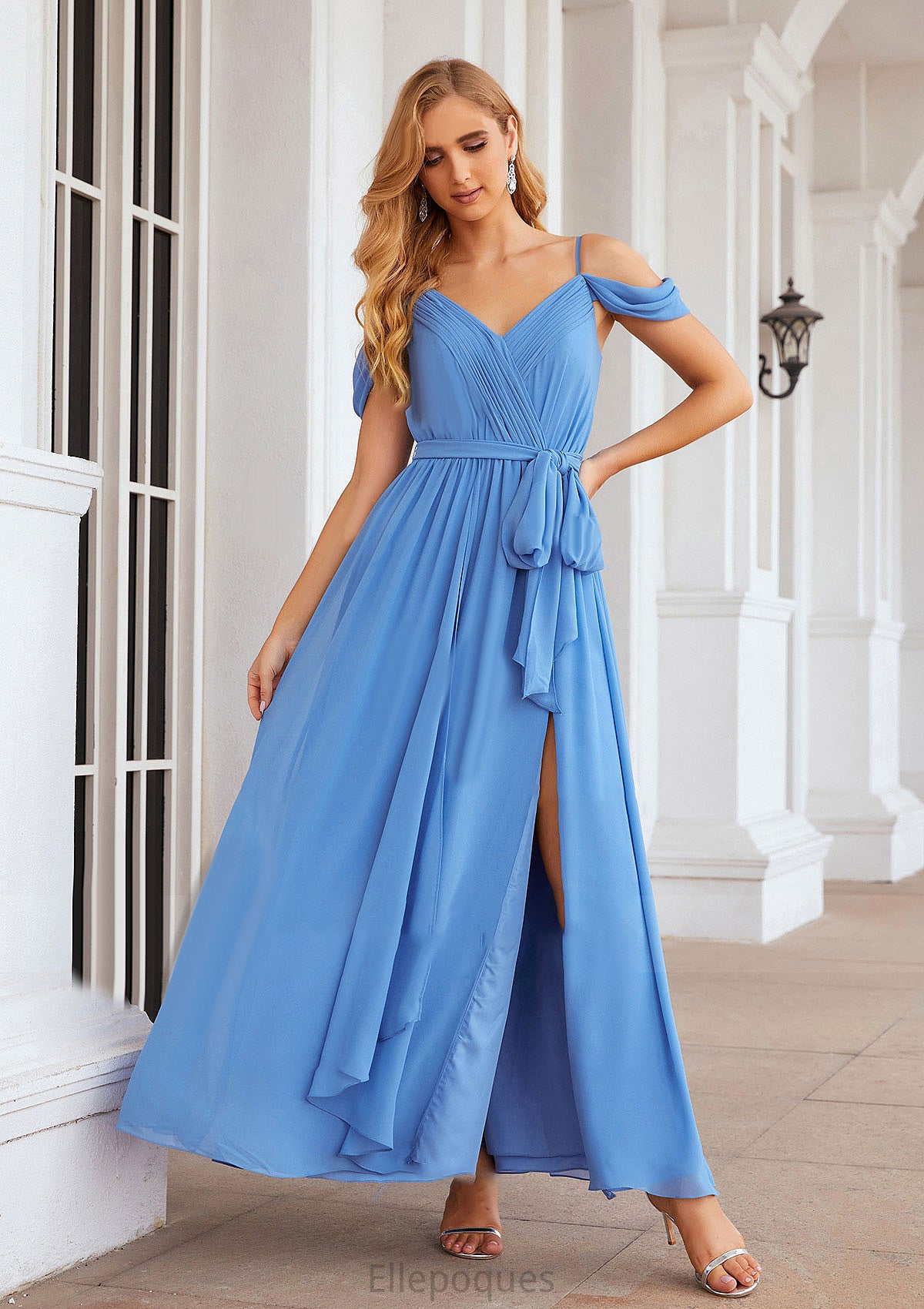 A-line V Neck Sleeveless Chiffon Long/Floor-Length Bridesmaid Dresses With Pleated Waistband Split Izabella HOP0025387