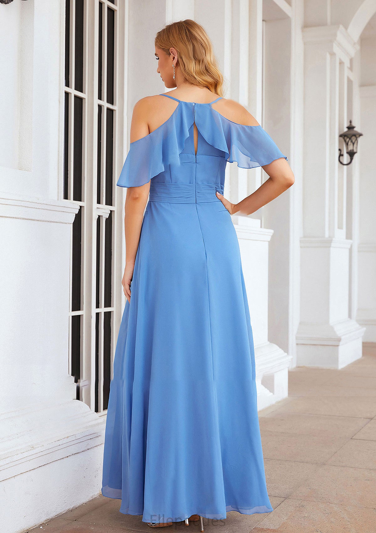 A-line V Neck Sleeveless Chiffon Long/Floor-Length Bridesmaid Dresses With Pleated Split Alena HOP0025388