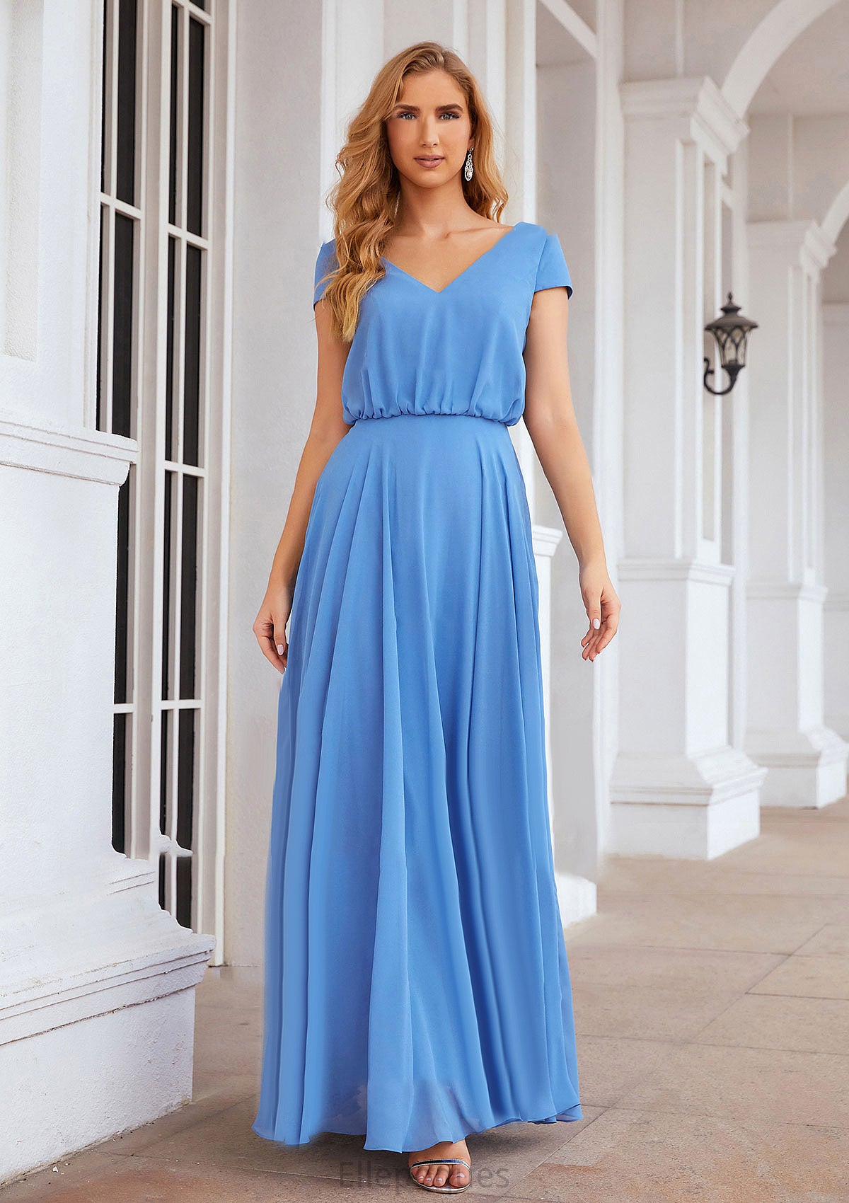 A-line V Neck Short Sleeve Chiffon Long/Floor-Length Bridesmaid Dresses Norma HOP0025390