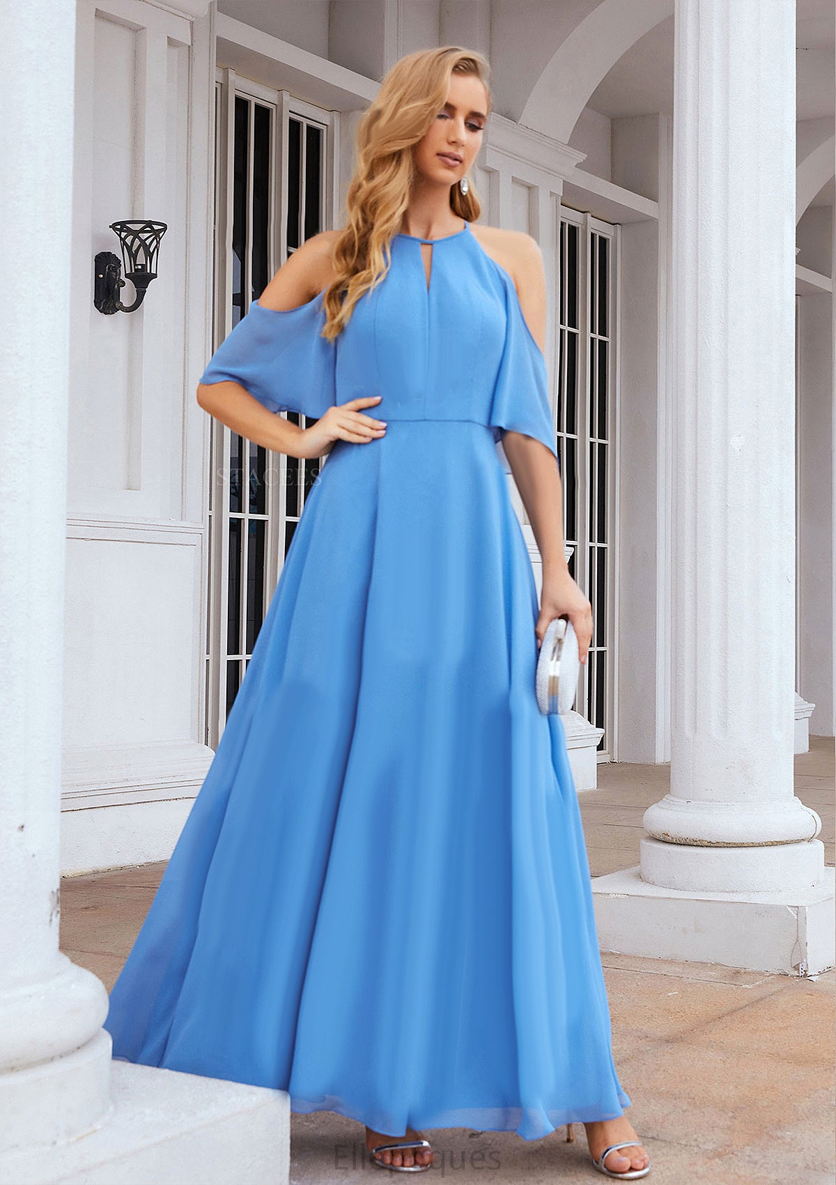 A-line Halter Half Sleeve Chiffon Long/Floor-Length Bridesmaid Dresses Martina HOP0025391