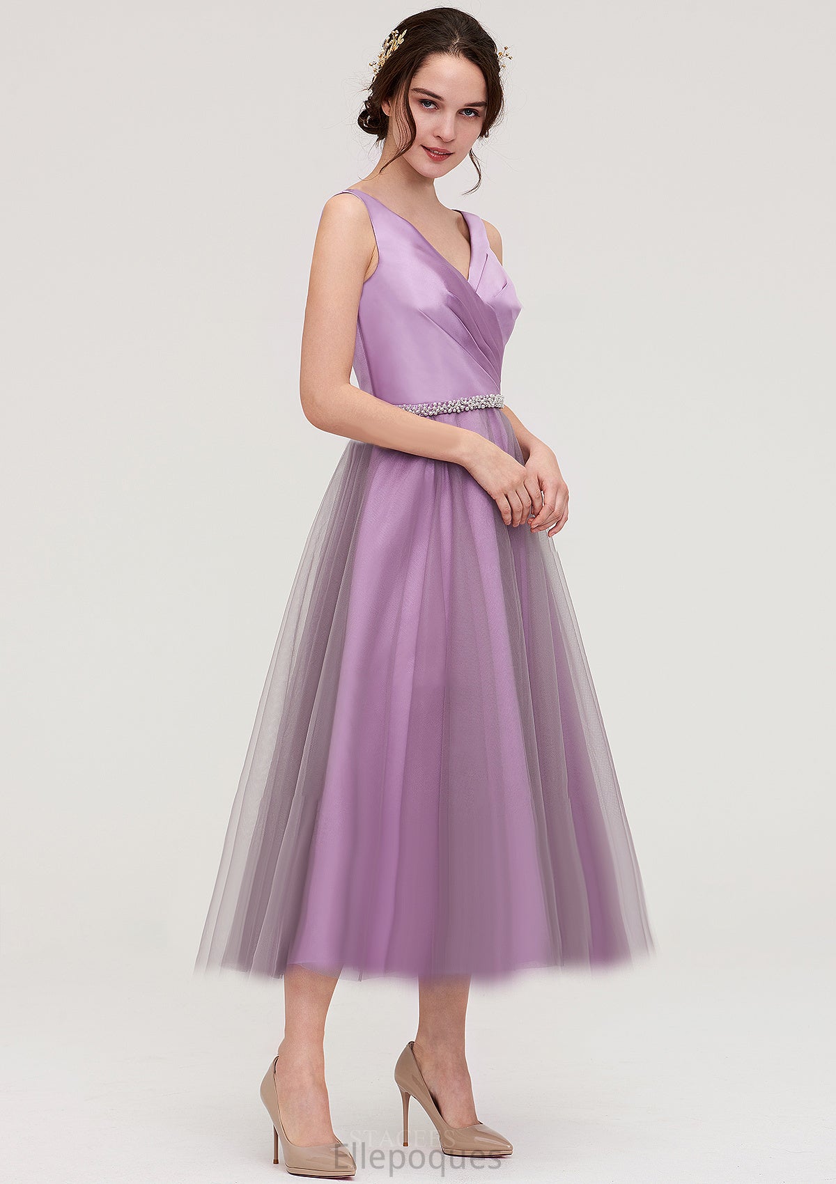 V Neck Sleeveless Tulle Tea-Length A-line/Princess Bridesmaid Dresses With Waistband Beading Pleated Karla HOP0025395