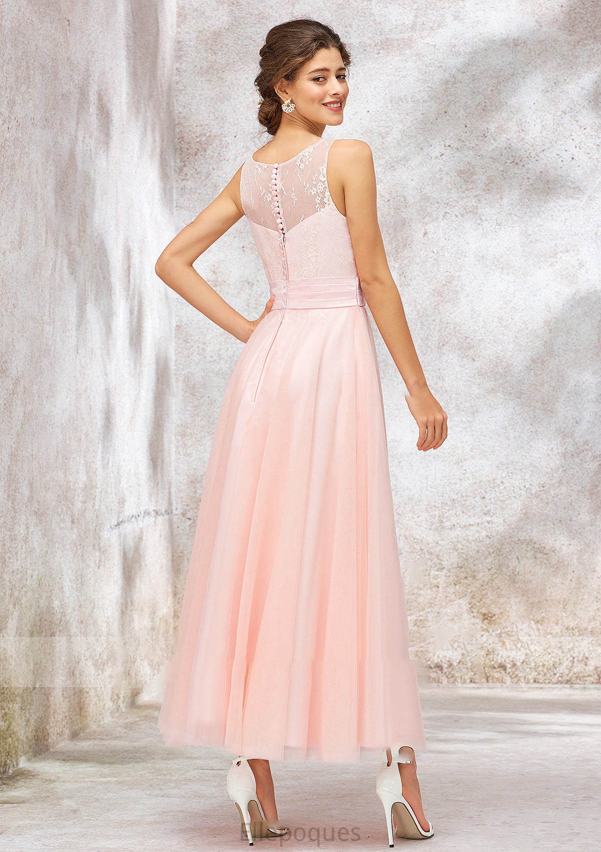 Bateau Sleeveless Tea-Length Tulle A-line/Princess Bridesmaid Dresses With Waistband Lace Isla HOP0025403