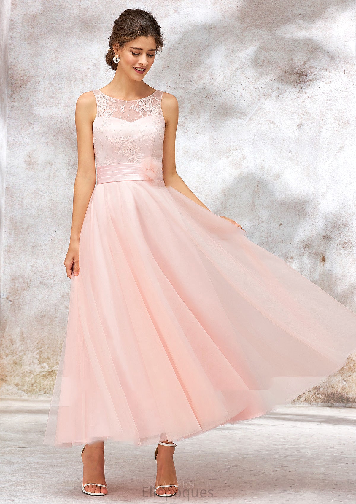 Bateau Sleeveless Tea-Length Tulle A-line/Princess Bridesmaid Dresses With Waistband Lace Isla HOP0025403
