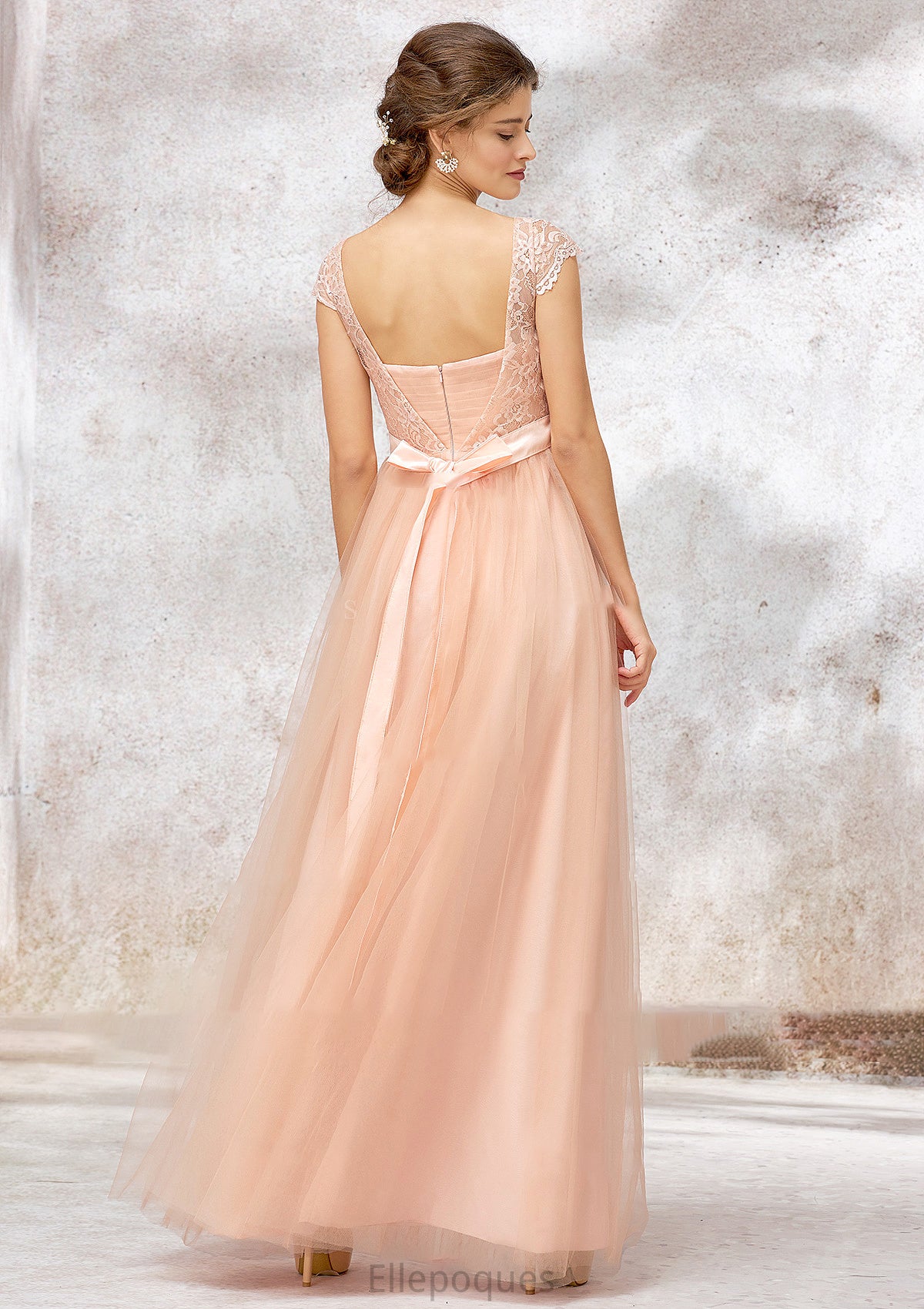 Sleeveless Bateau Long/Floor-Length Tulle A-line/Princess Bridesmaid Dresses With Sashes Lace Sage HOP0025405
