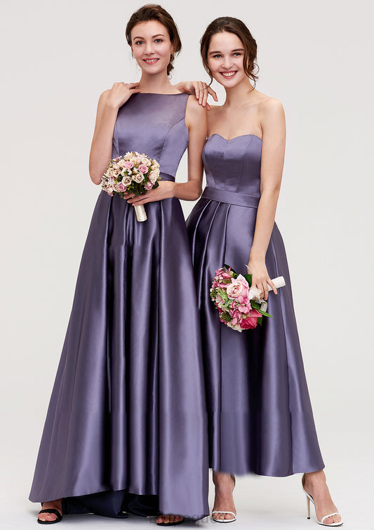 Sweetheart Sleeveless A-line/Princess Satin Ankle-Length Bridesmaid Dresses With Pleated Milagros HOP0025408