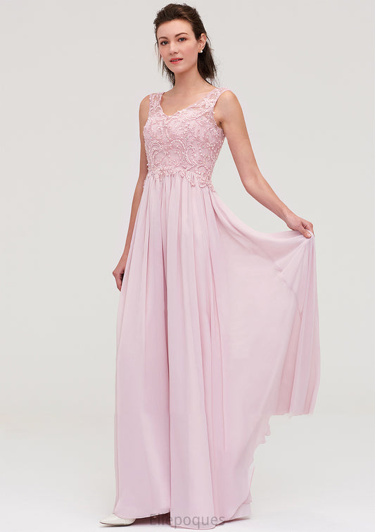 Sleeveless V Neck A-line/Princess Chiffon Long/Floor-Length Bridesmaid Dresseses With Beading Appliqued Nathalie HOP0025410