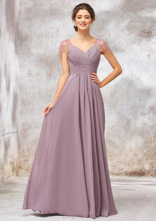V Neck Long/Floor-Length Chiffon A-line/Princess Bridesmaid Dresses With Pleated Beading Tanya HOP0025416