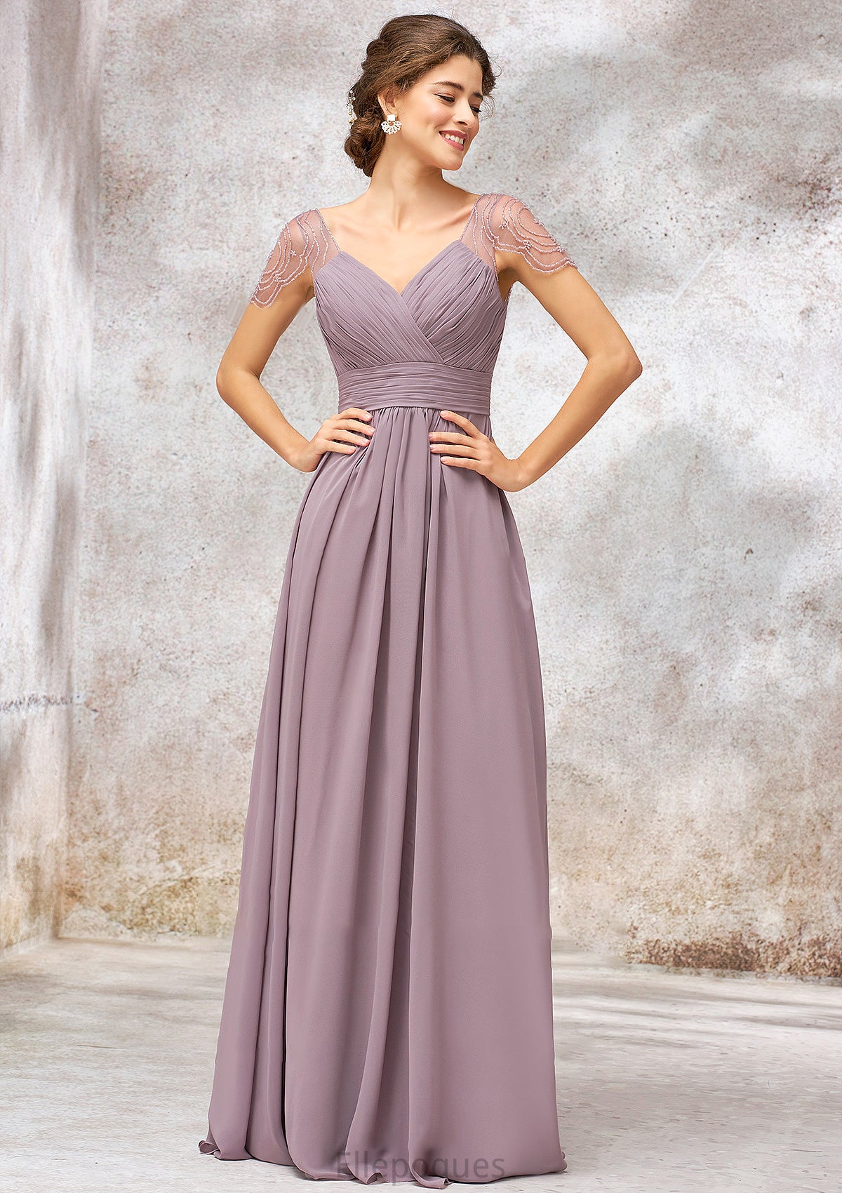 V Neck Long/Floor-Length Chiffon A-line/Princess Bridesmaid Dresses With Pleated Beading Tanya HOP0025416