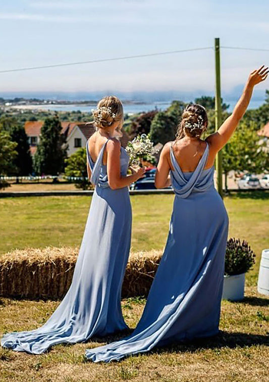 A-line V Neck Sleeveless Court Train Chiffon Bridesmaid Dresses With Pleated Kelsie HOP0025419