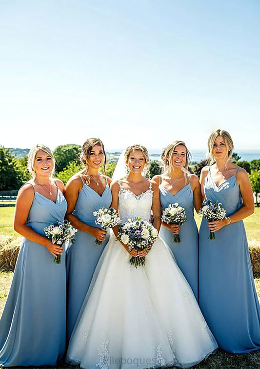 A-line V Neck Sleeveless Court Train Chiffon Bridesmaid Dresses With Pleated Kelsie HOP0025419