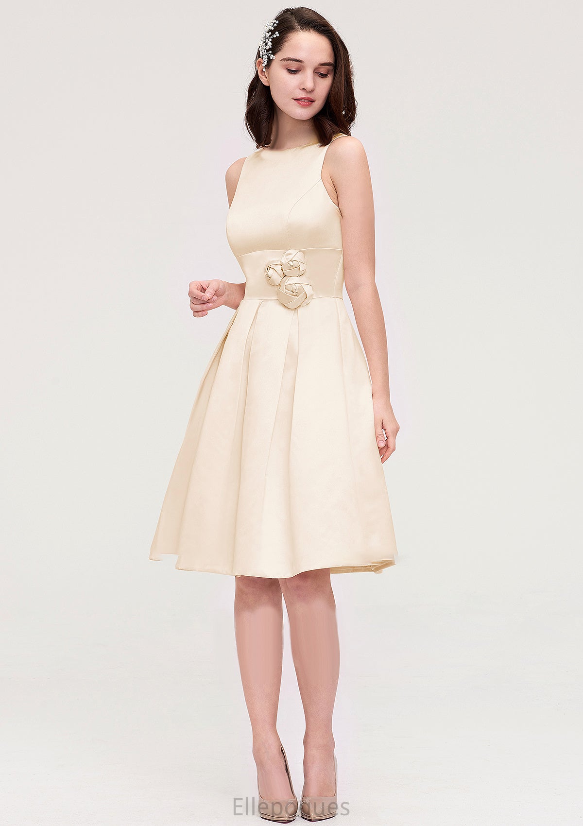 Sleeveless Bateau Knee-Length Satin A-line/Princess Bridesmaid Dresses With Pleated Flowers Adrianna HOP0025425