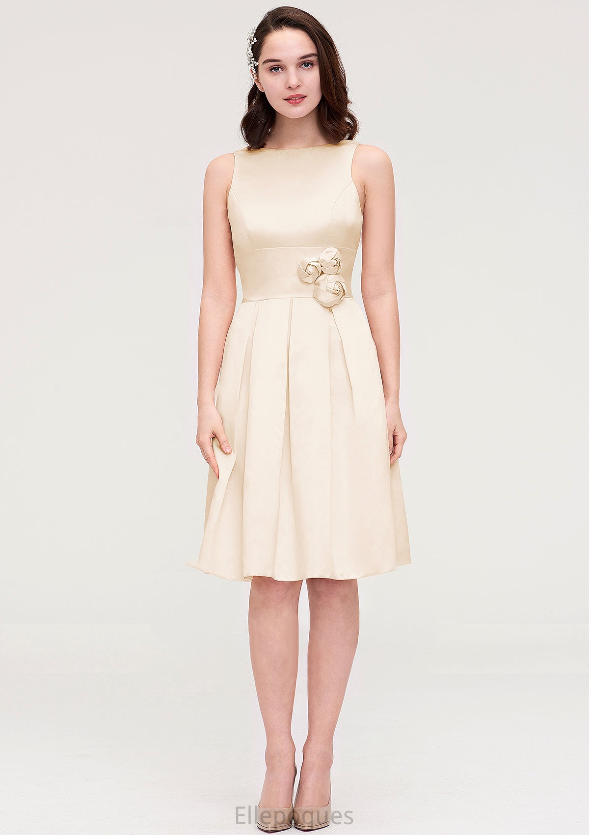 Sleeveless Bateau Knee-Length Satin A-line/Princess Bridesmaid Dresses With Pleated Flowers Adrianna HOP0025425