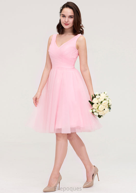 Sleeveless V Neck Knee-Length Tulle A-line/Princess Bridesmaid Dresses With Pleated Carlee HOP0025426