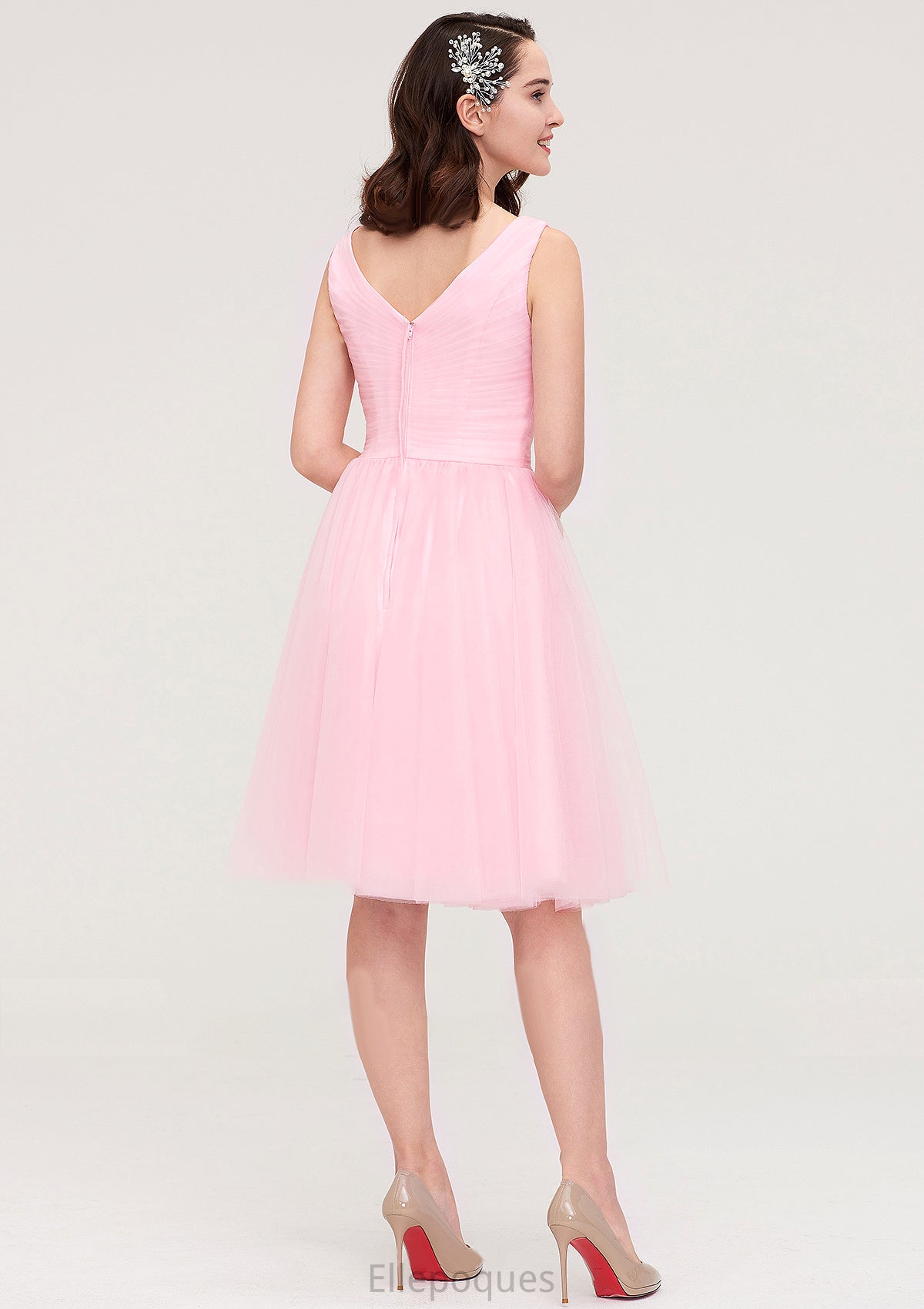 Sleeveless V Neck Knee-Length Tulle A-line/Princess Bridesmaid Dresses With Pleated Carlee HOP0025426