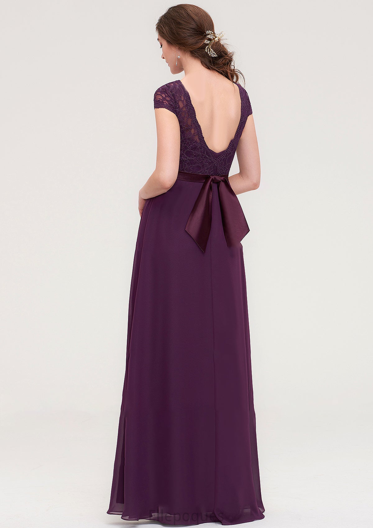 Short Sleeve Bateau Long/Floor-Length  Chiffon A-line/Princess Bridesmaid Dresses With Sashes Lace Lauren HOP0025428