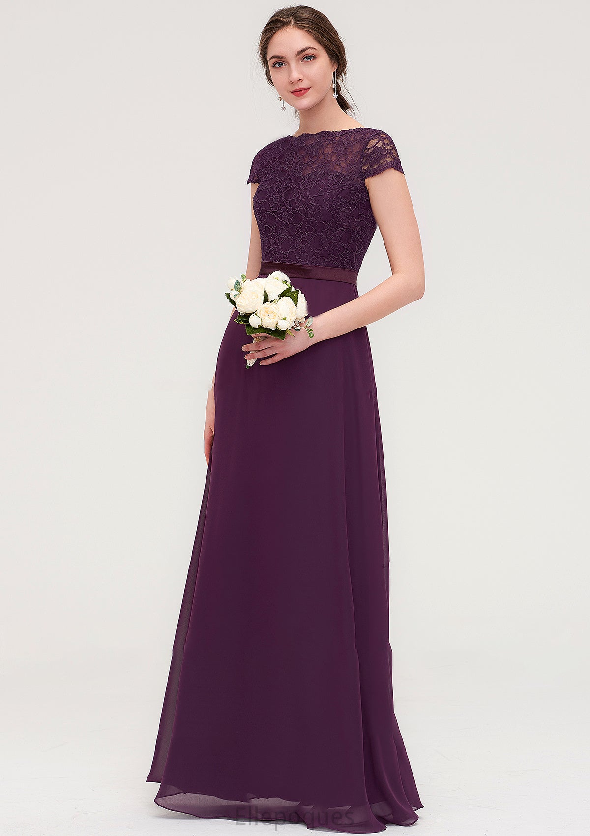 Short Sleeve Bateau Long/Floor-Length  Chiffon A-line/Princess Bridesmaid Dresses With Sashes Lace Lauren HOP0025428