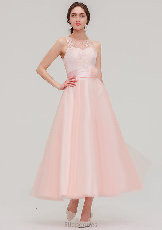 Tea-Length Sleeveless Bateau Tulle A-line/Princess Bridesmaid Dresses With Waistband Lace Grace HOP0025429