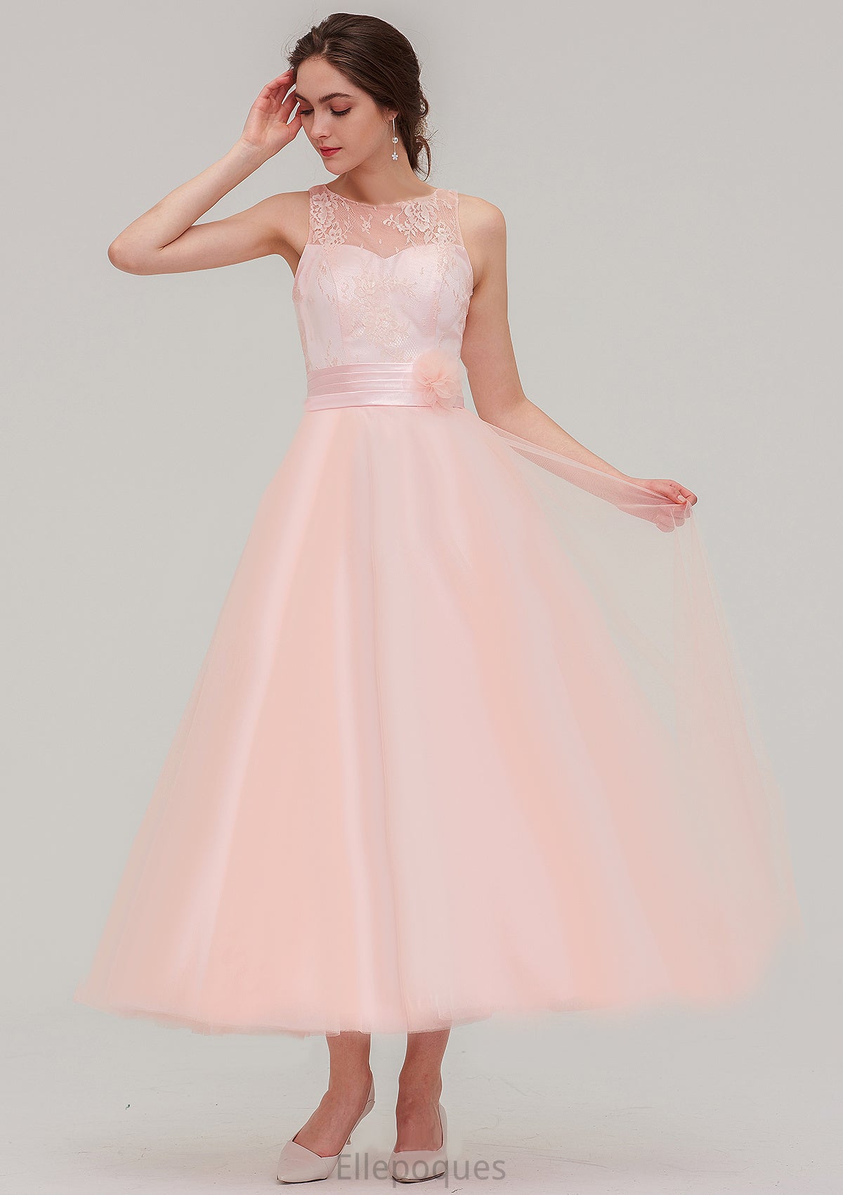 Tea-Length Sleeveless Bateau Tulle A-line/Princess Bridesmaid Dresses With Waistband Lace Grace HOP0025429