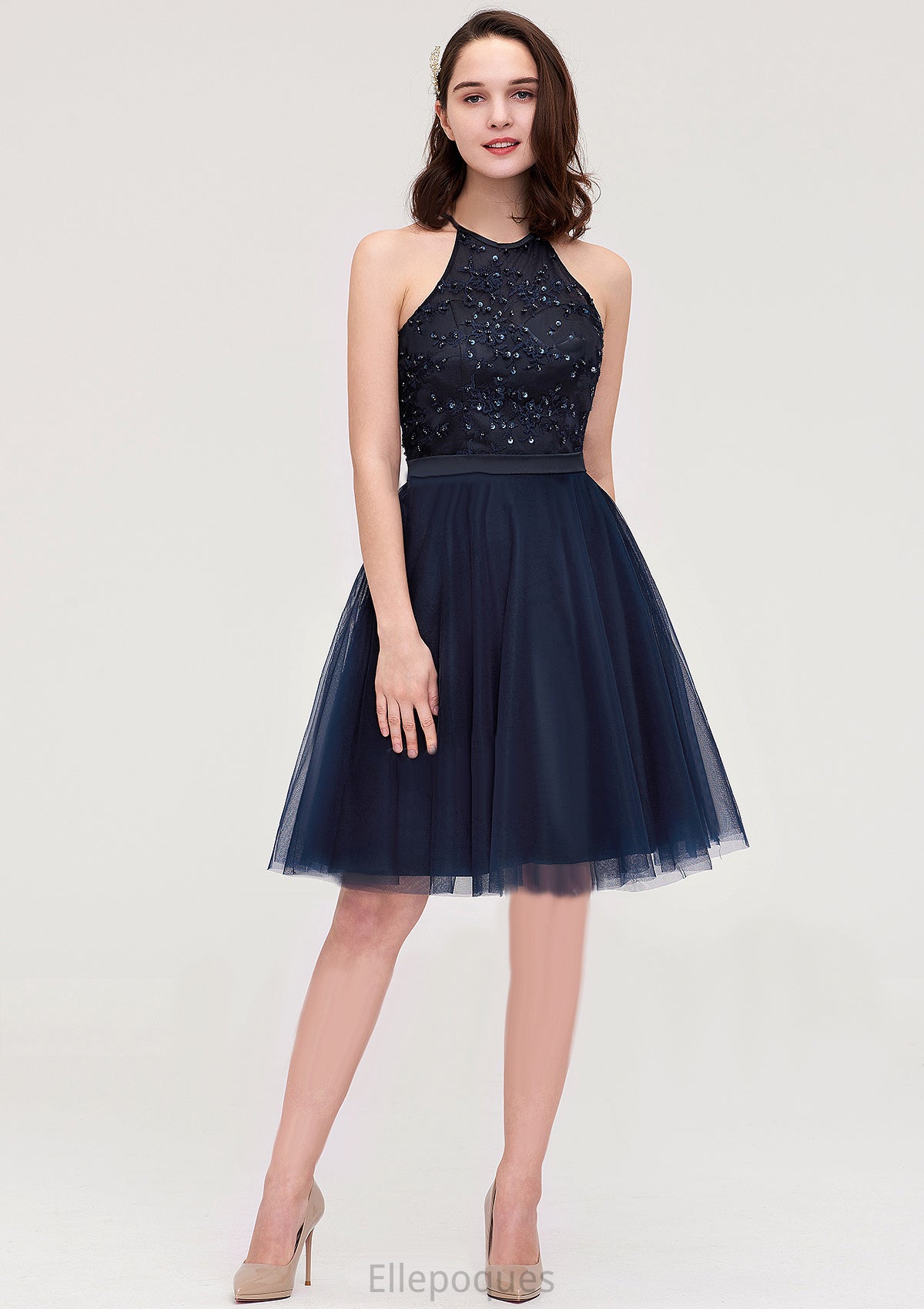 Sleeveless Halter Knee-Length Tulle A-line/Princess Bridesmaid Dresses With Sequins Appliqued Sashes Skye HOP0025430