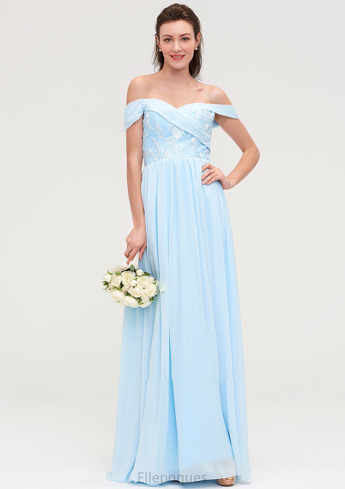 Off-the-Shoulder Sleeveless Chiffon A-line/Princess Long/Floor-Length Bridesmaid Dresseses With Pleated Appliqued Nadia HOP0025431