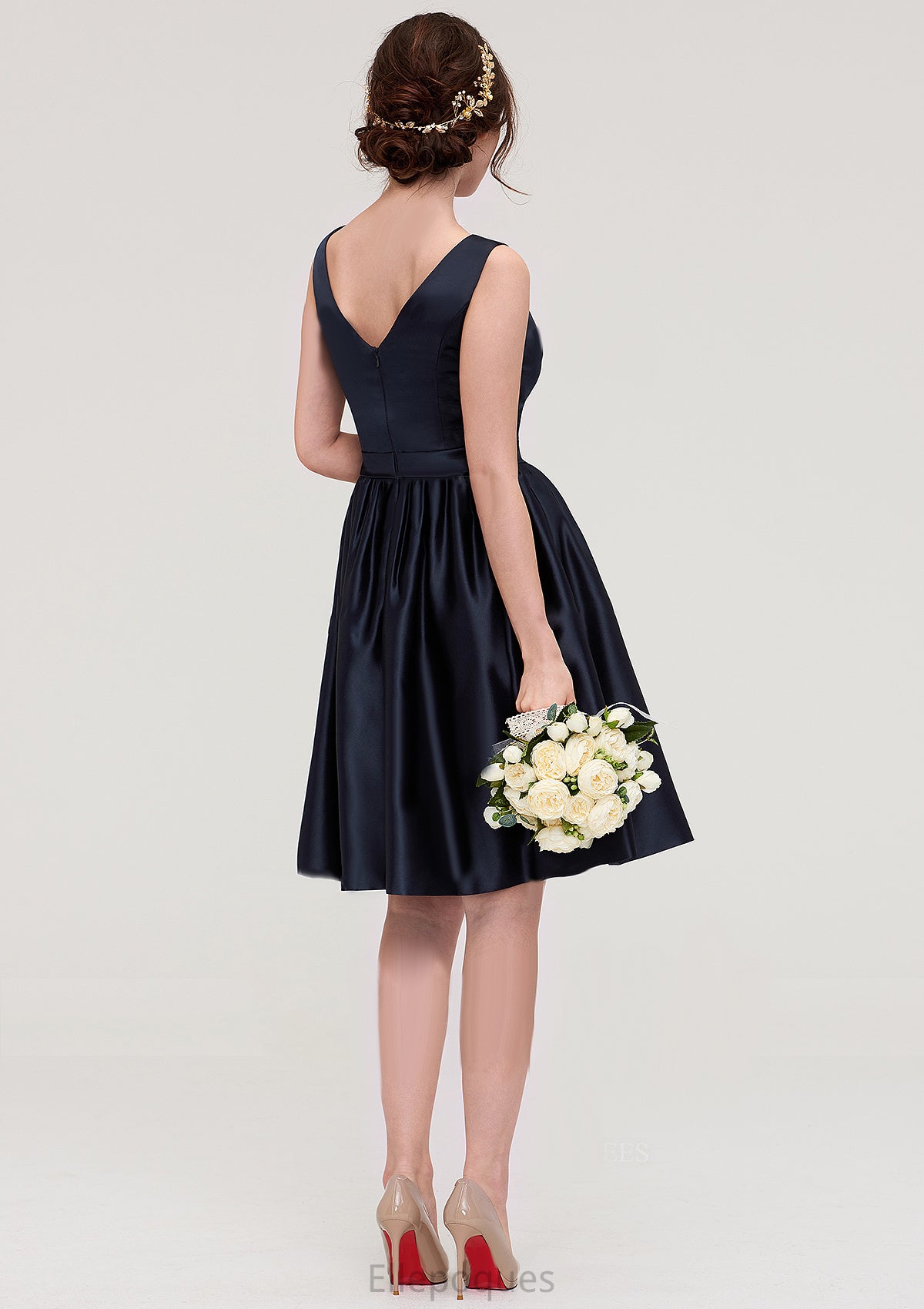 V Neck Sleeveless A-line/Princess Knee-Length Satin Bridesmaid Dresses With Pleated Zariah HOP0025433