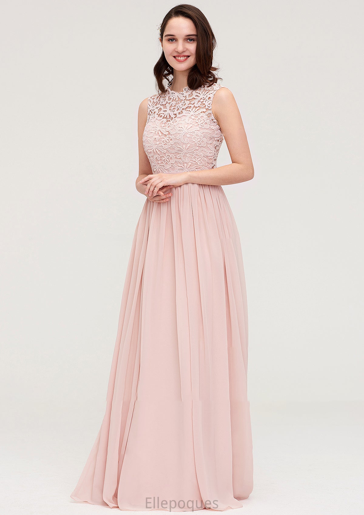 Sleeveless Scalloped Neck Long/Floor-Length Chiffon A-line/Princess Bridesmaid Dresses With Lace Ursula HOP0025434