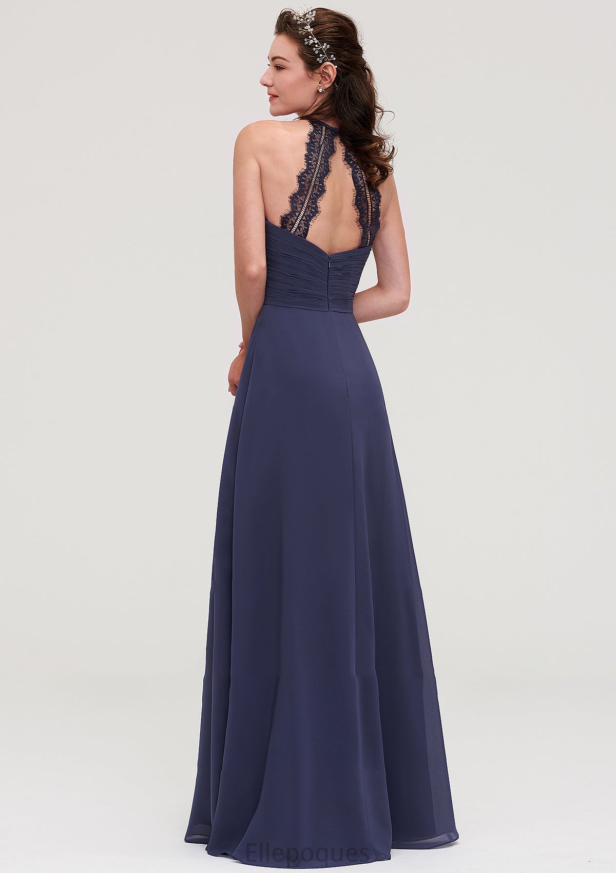 Scoop Neck Sleeveless A-line/Princess Chiffon Long/Floor-Length Bridesmaid Dresseses With Pleated Appliqued Shania HOP0025439