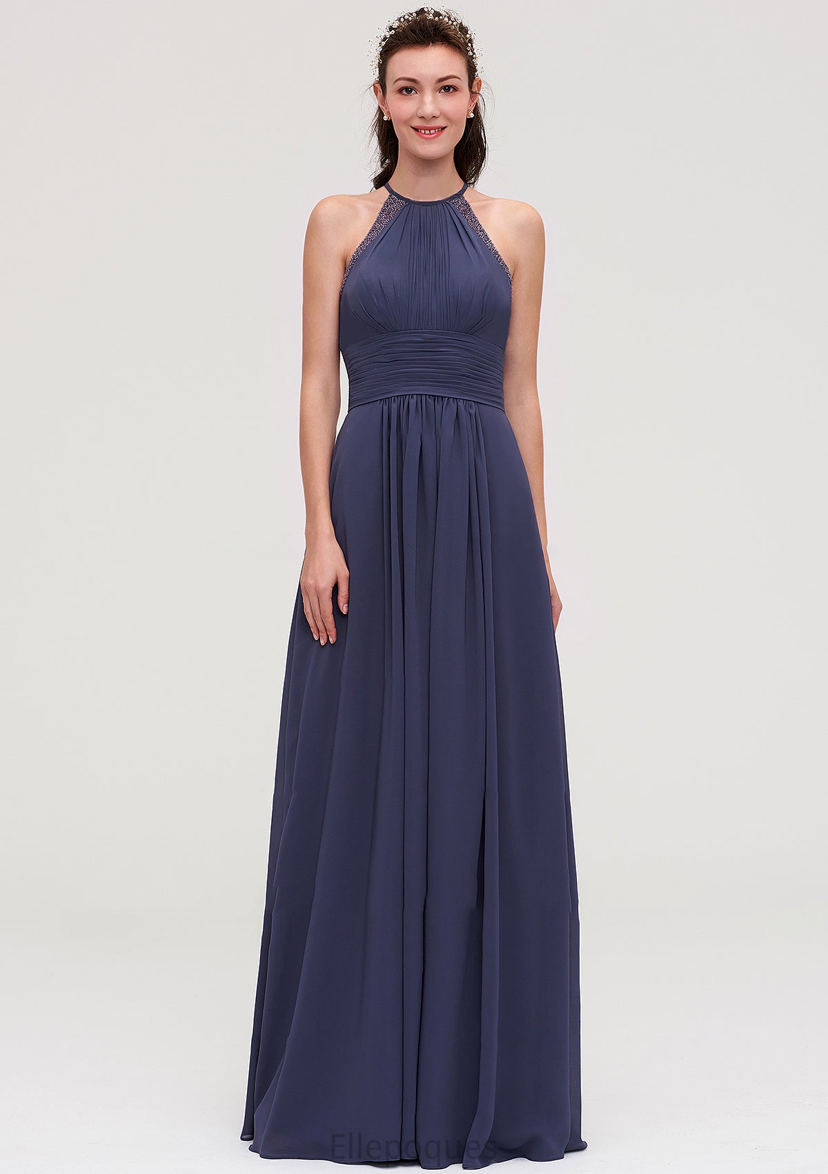 Scoop Neck Sleeveless A-line/Princess Chiffon Long/Floor-Length Bridesmaid Dresseses With Pleated Appliqued Shania HOP0025439