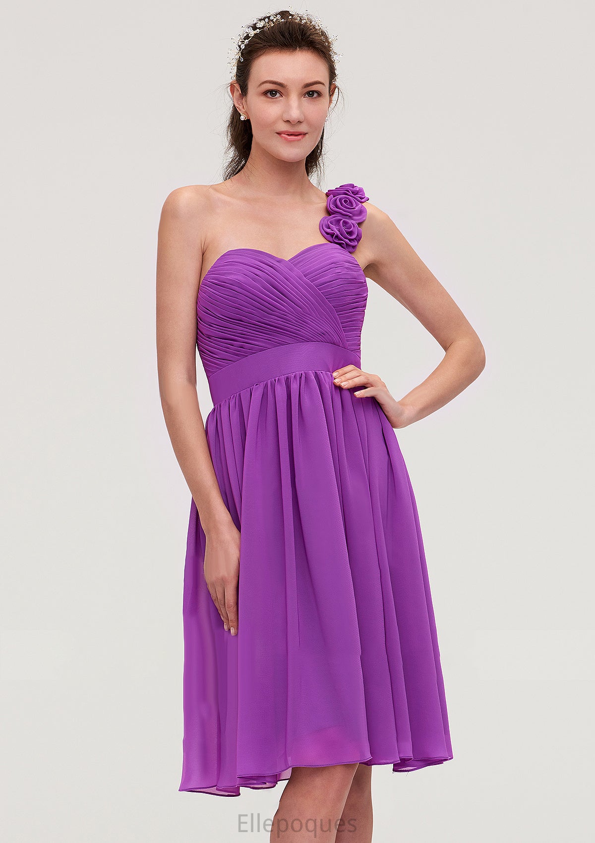 One-Shoulder Sleeveless Knee-Length Chiffon A-line/Princess Bridesmaid Dresseses With Pleated Flowers Kiersten HOP0025441