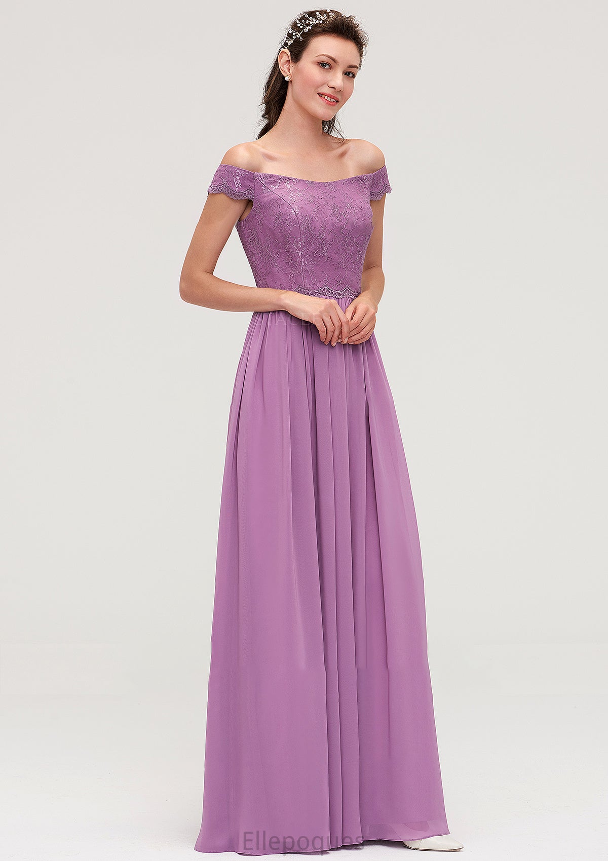 Sleeveless Off-the-Shoulder Long/Floor-Length Chiffon A-line/Princess Bridesmaid Dresseses With Appliqued Violet HOP0025442